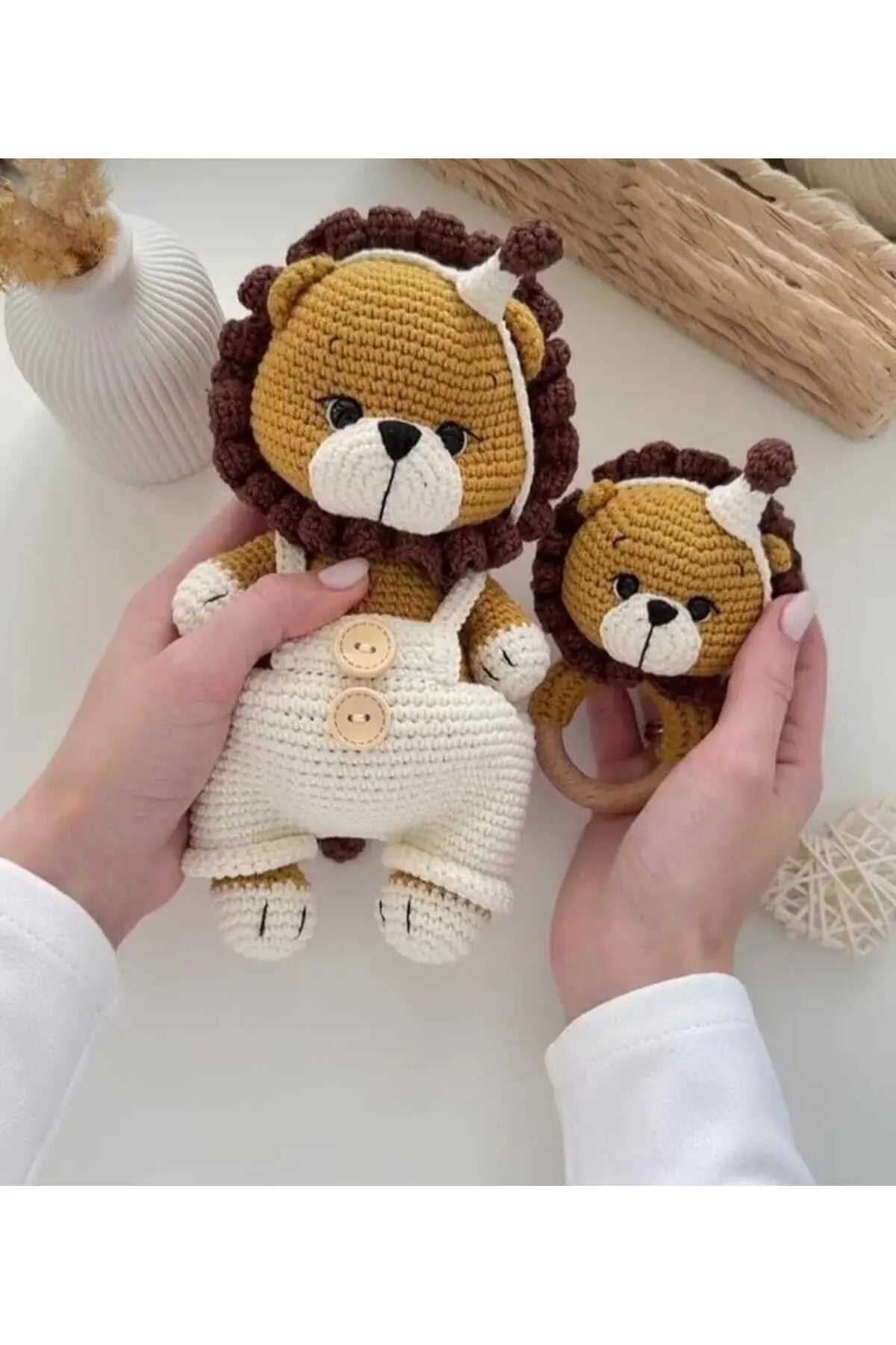 Crochet Cute Lion Toy and Rattle Toy Set 2pc - Joy Gift London