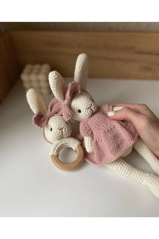 Crochet Rabbit and Rattle Toy Set 2pc