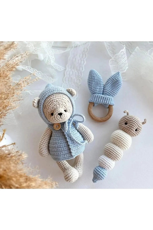 Crochet Newborn Gift Toy Set Teddy Bear and Caterpillar 3pc - Joy Gift London