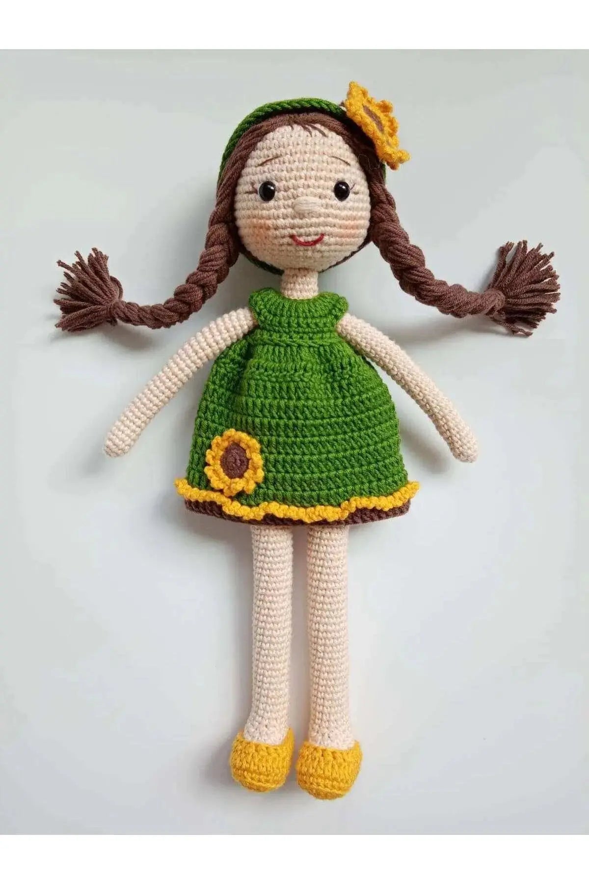 Crochet Little Girl Doll Toy - Green Dress with Sunflowers - Hours of Imaginative Play - Eco-Friendly Alternative - Joy Gift London