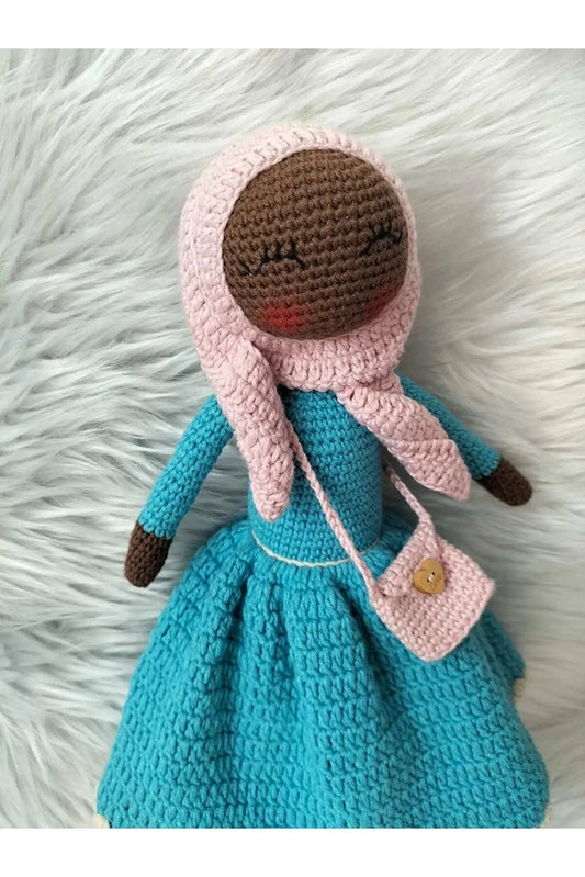 Crochet Hijab Doll with Blue Dress and Pink Hijab - Joy Gift London