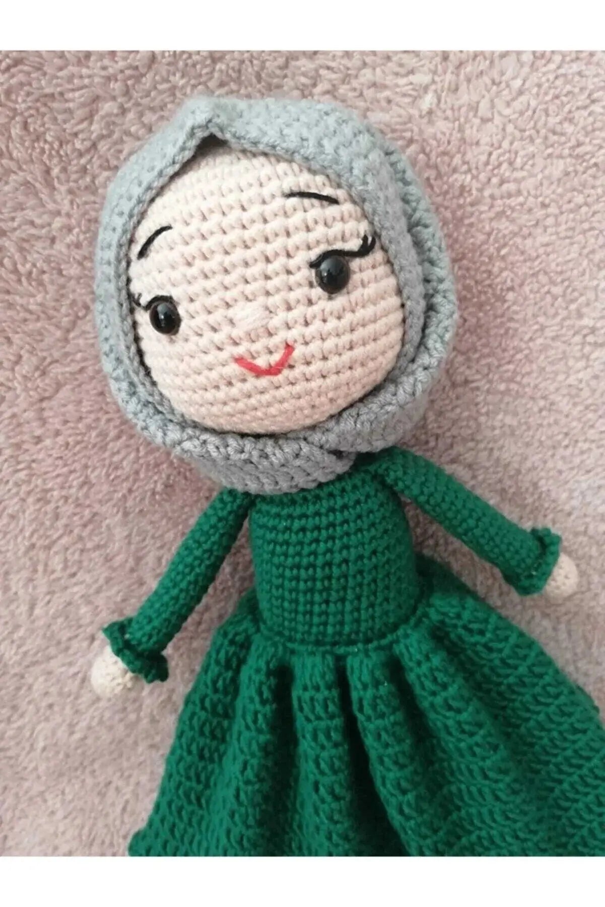 Crochet Hijab Doll with Green Dress and Grey Hijab - Joy Gift London