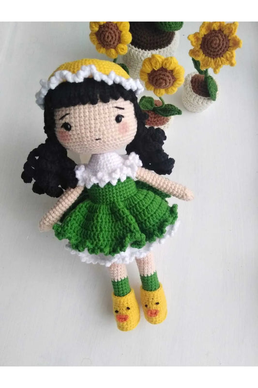 Crochet Cute Doll Toy with Green Dress and Black Hair