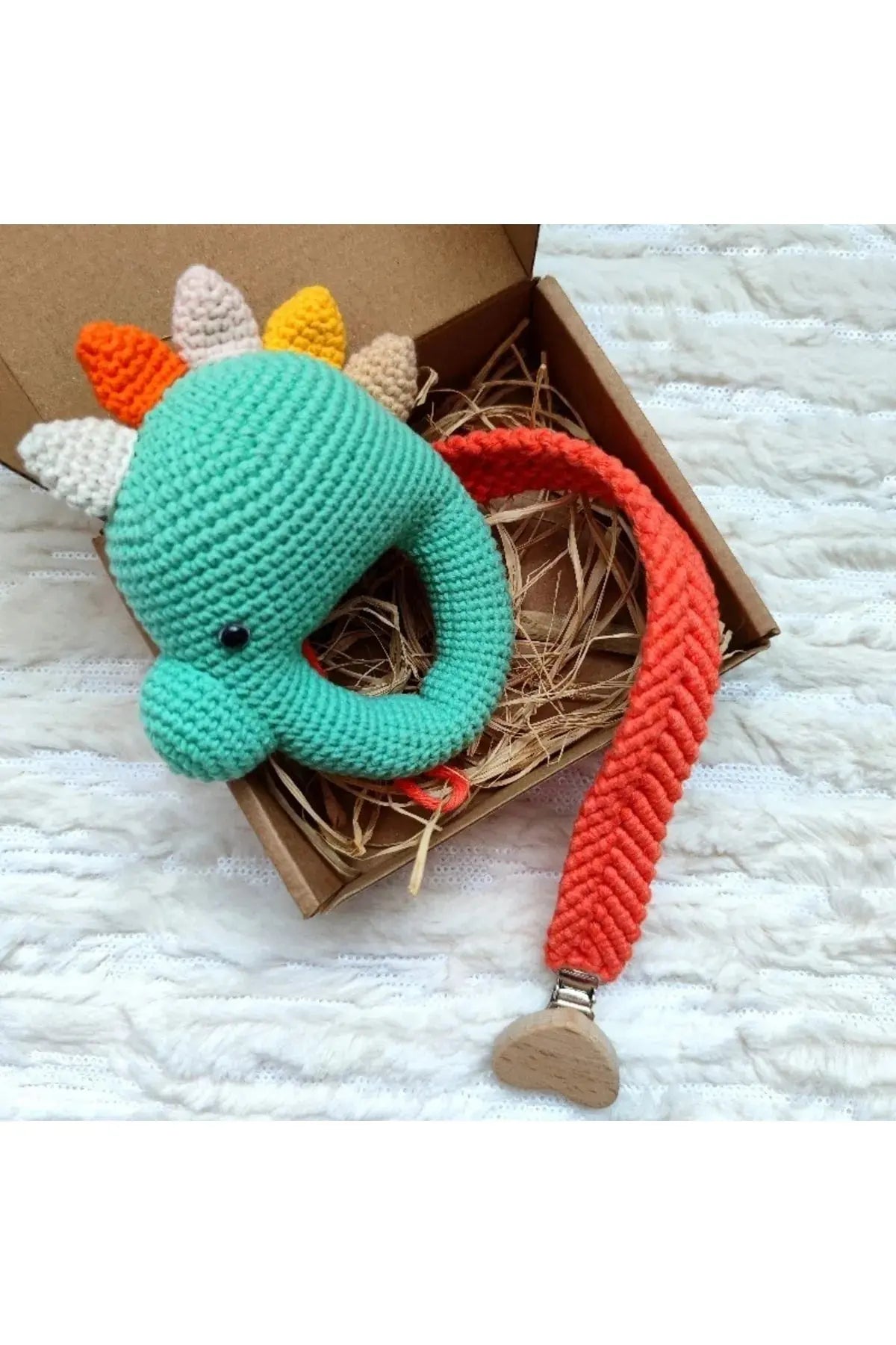 Crochet Cute Dino Rattle and Dummy Clip Gift Set TrendyToy