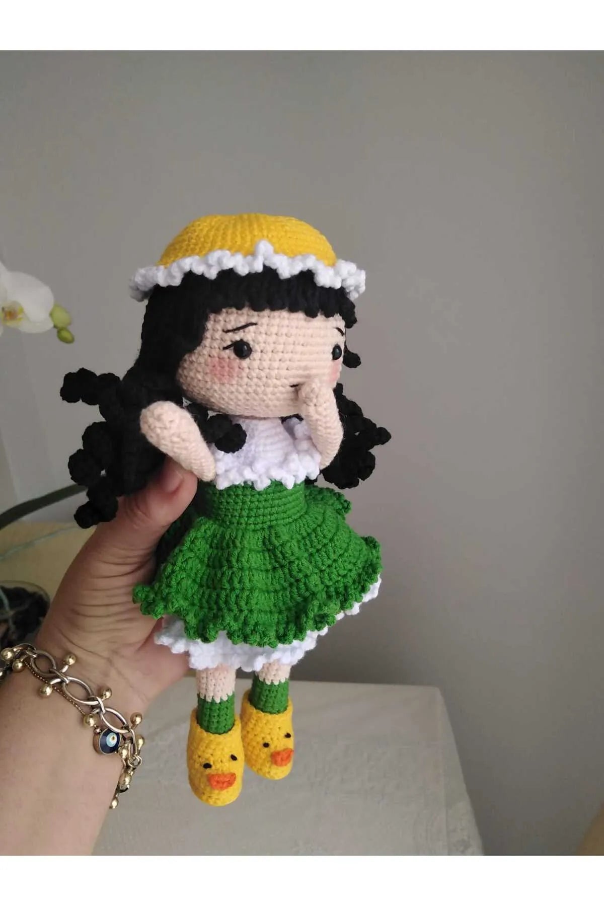 Crochet Cute Doll Toy with Green Dress and Black Hair