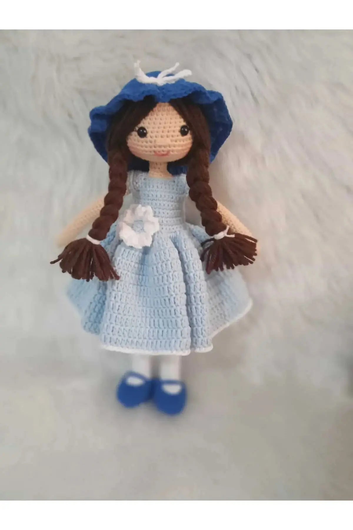 Crochet Little Girl Doll Toy - Light Blue Dress & Blue Hat - Handcrafted Gift - Joy Gift London