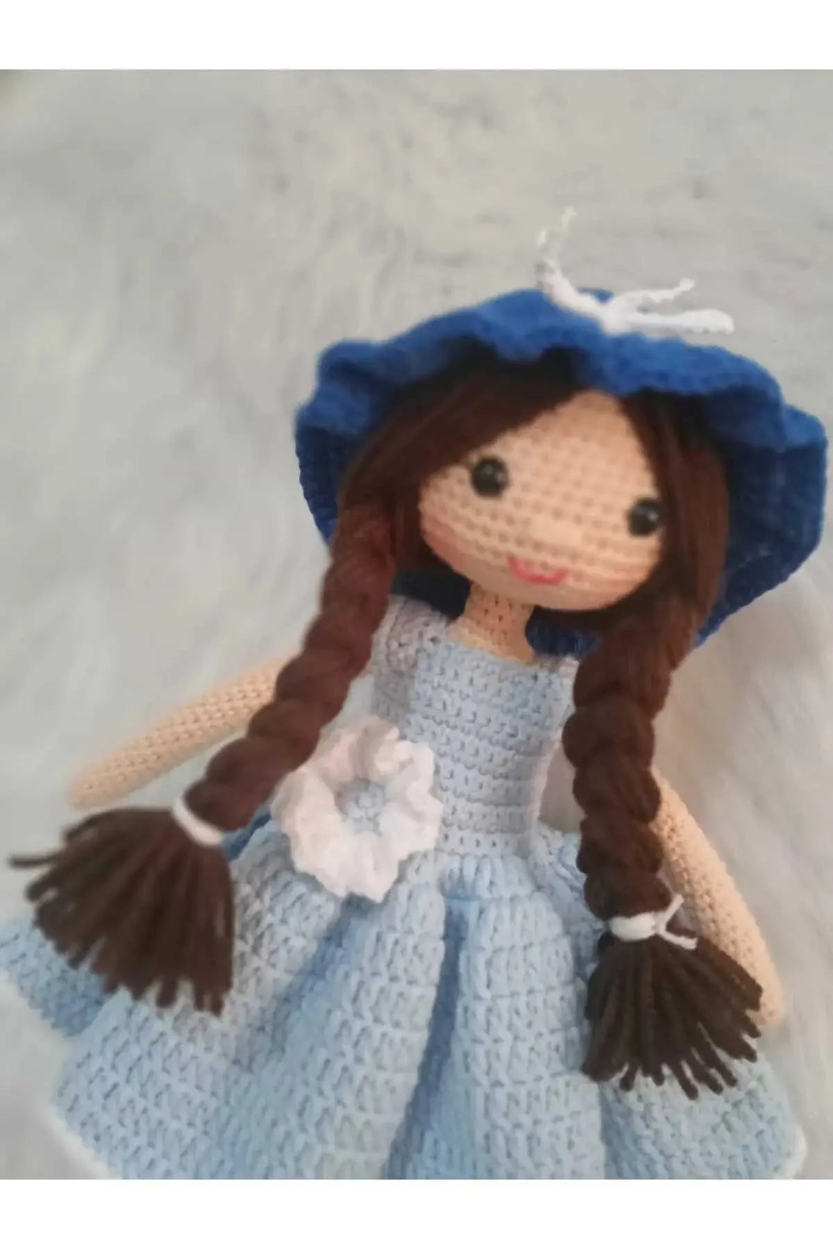 Crochet Little Girl Doll Toy - Light Blue Dress & Blue Hat - Handcrafted Gift - Joy Gift London