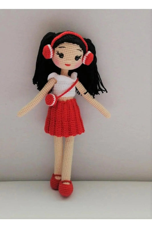 Crochet Little Girl Toy in Red Skirt Listening to music - Joy Gift London