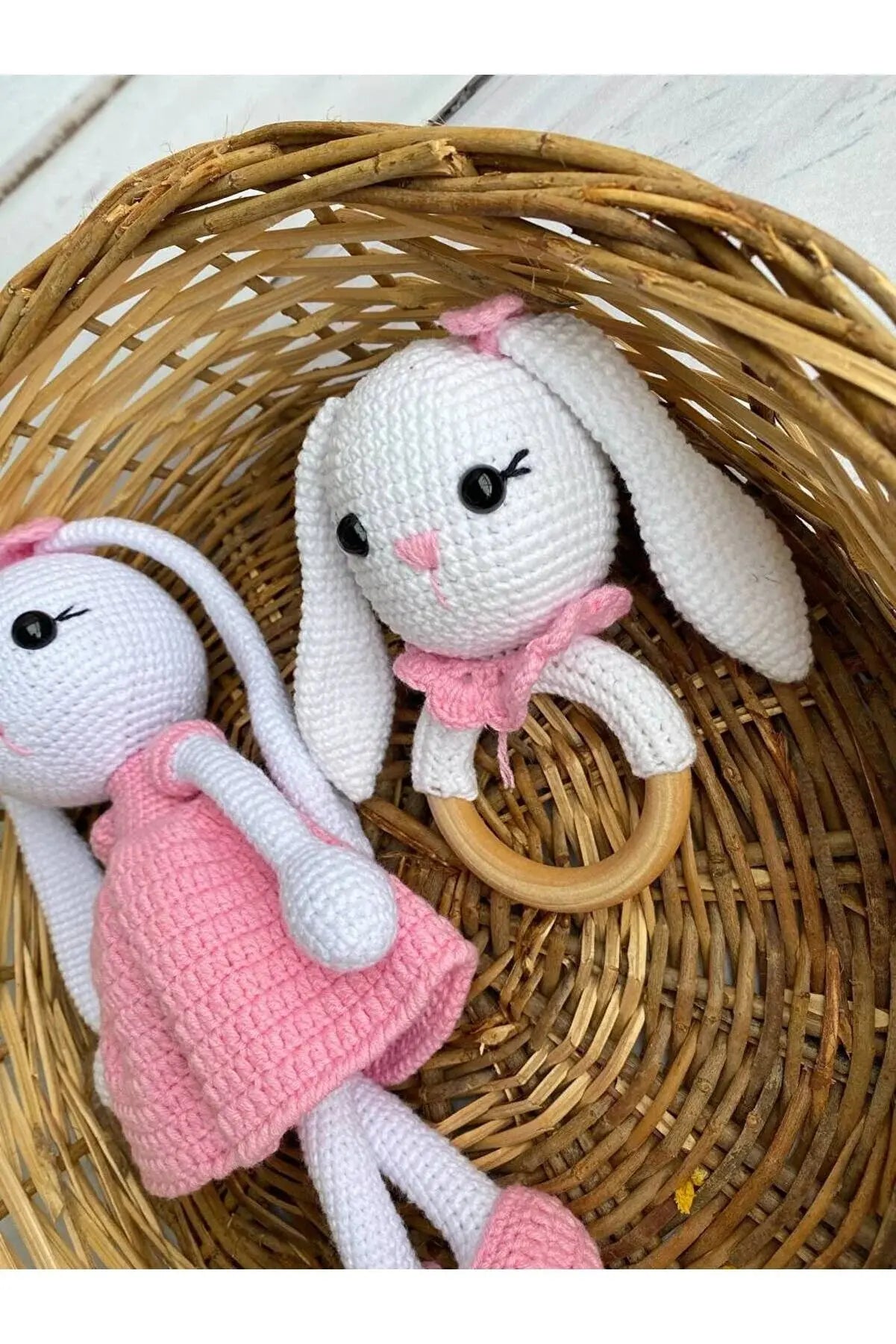 Crochet Pink Dress Rabbit and Rattle Toy Set 2pc - Joy Gift London