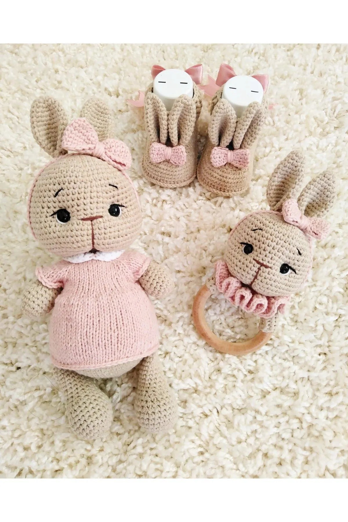 Crochet Newborn Gift Toy Set Pink Rabbit 3pc