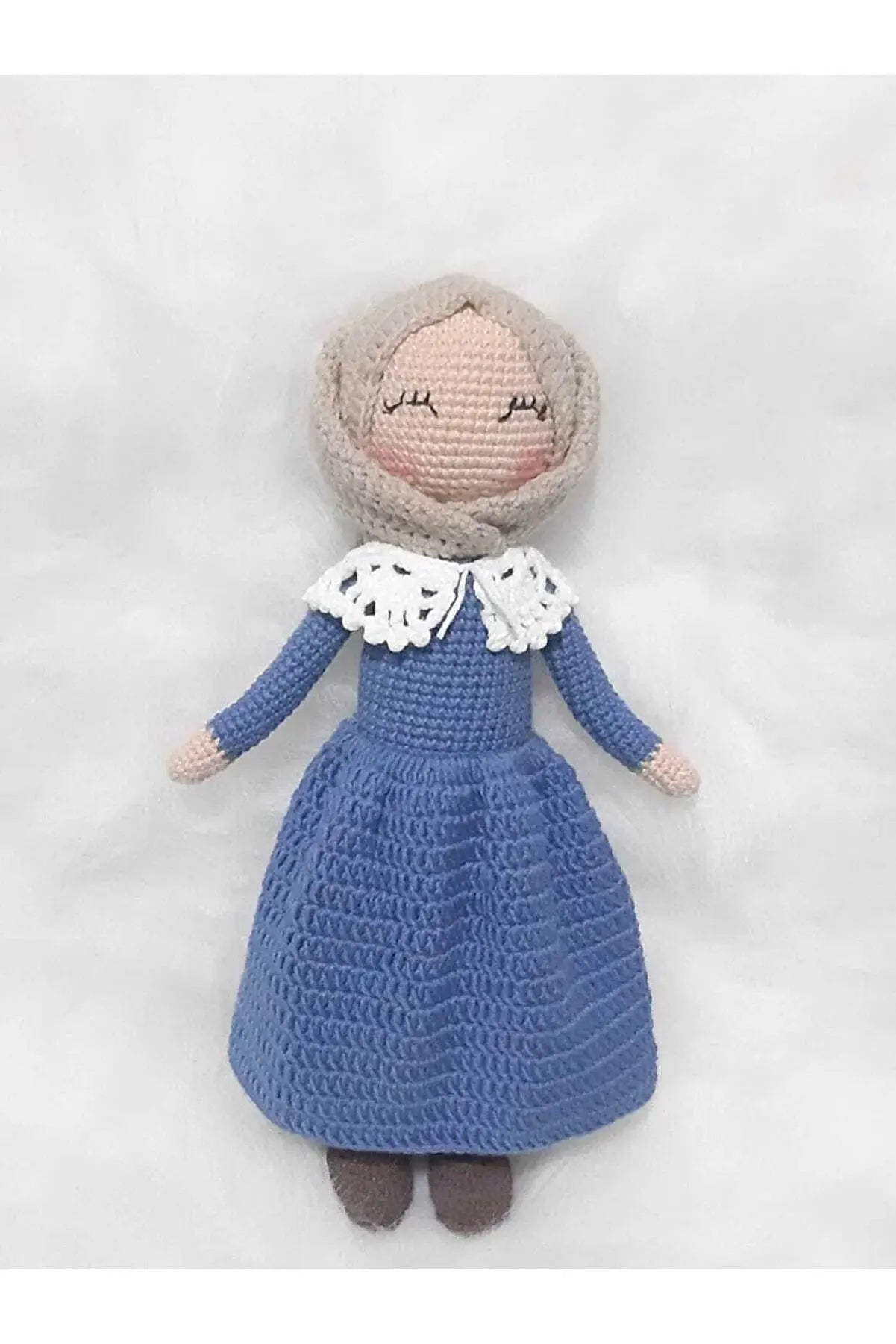 Crochet Hijab Doll with Blue Dress and Gray Hijab - Joy Gift London