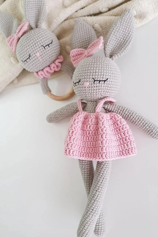 Crochet Sleeping Mate Gray Rabbit in Pink Dress and Rattle Toy Set 2pc - Joy Gift London