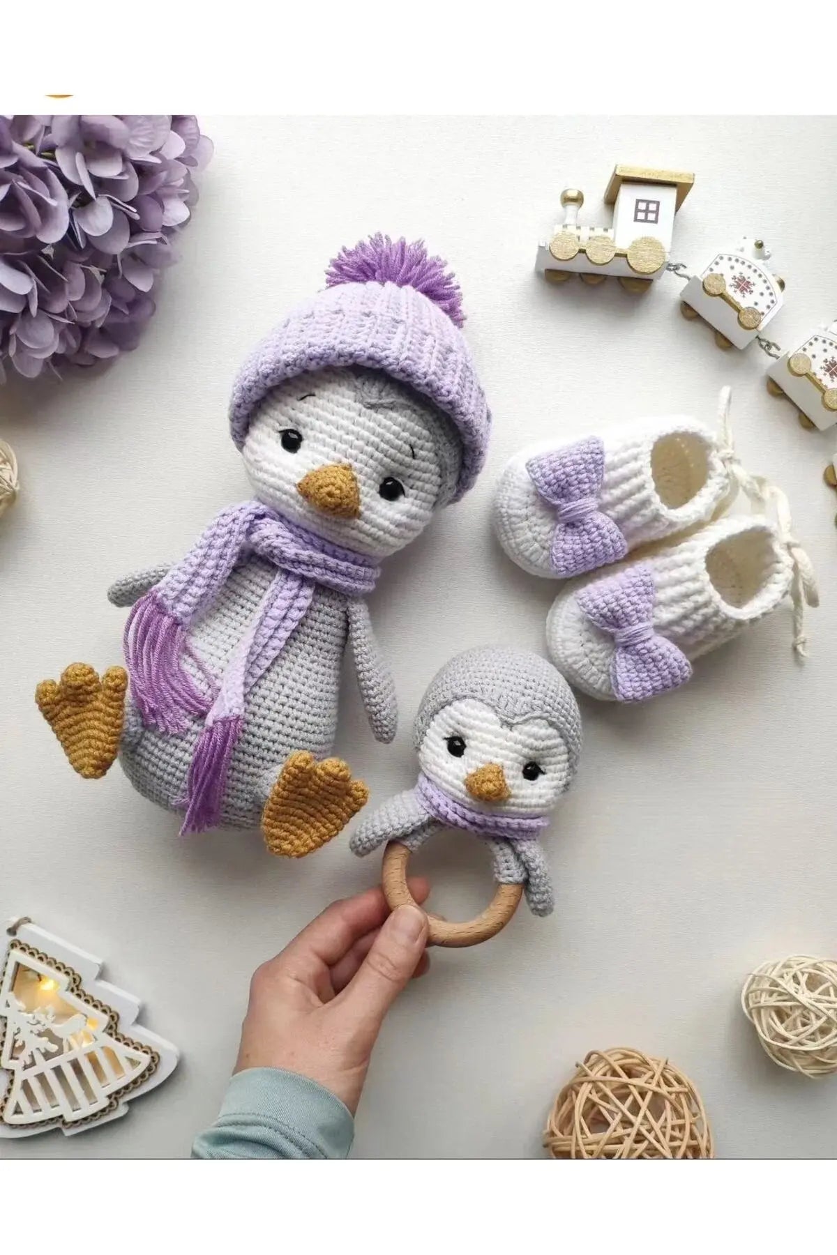 Crochet Newborn Gift Toy Set - 3 Piece Duck Toy, Duck Rattle Toy, Baby Shoes - Joy Gift London