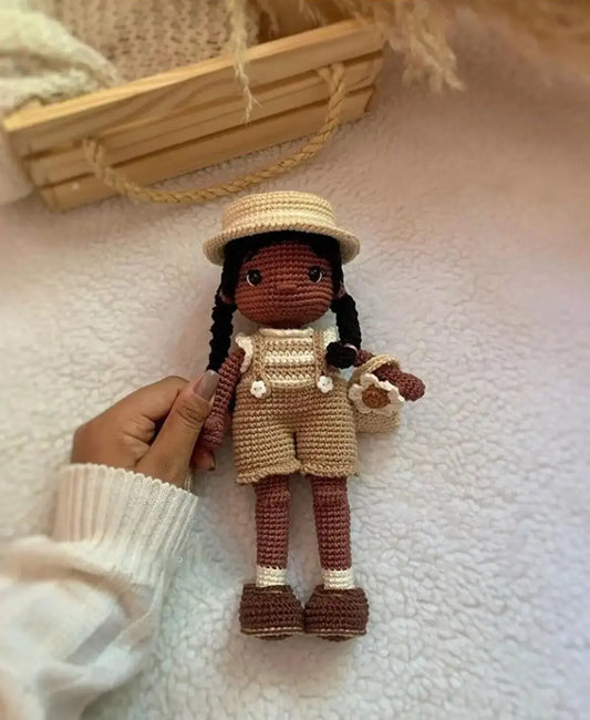 Crochet Dark Hair Girl Doll with Hat - Handmade Toy for Girls - Joy Gift London