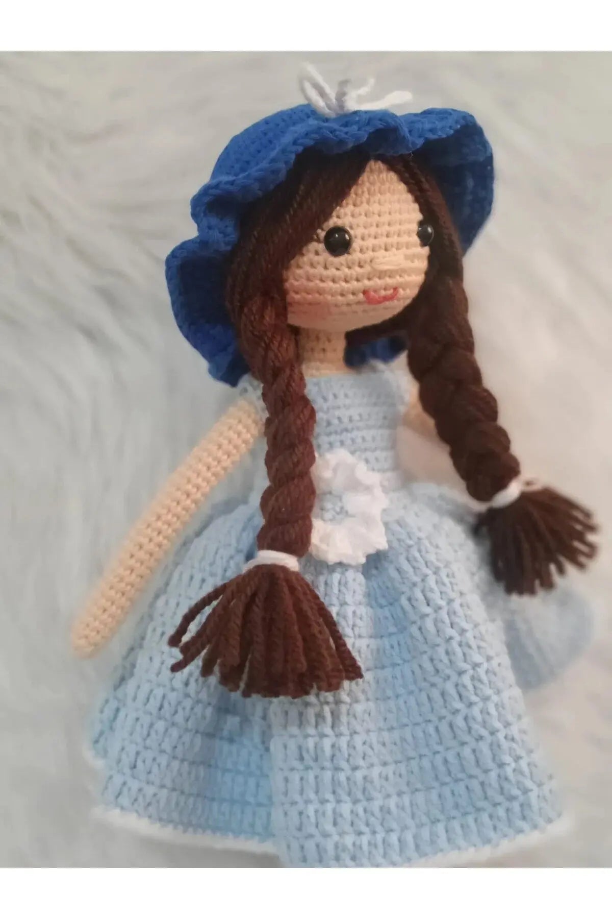 Crochet Little Girl Doll Toy - Light Blue Dress & Blue Hat - Handcrafted Gift - Joy Gift London