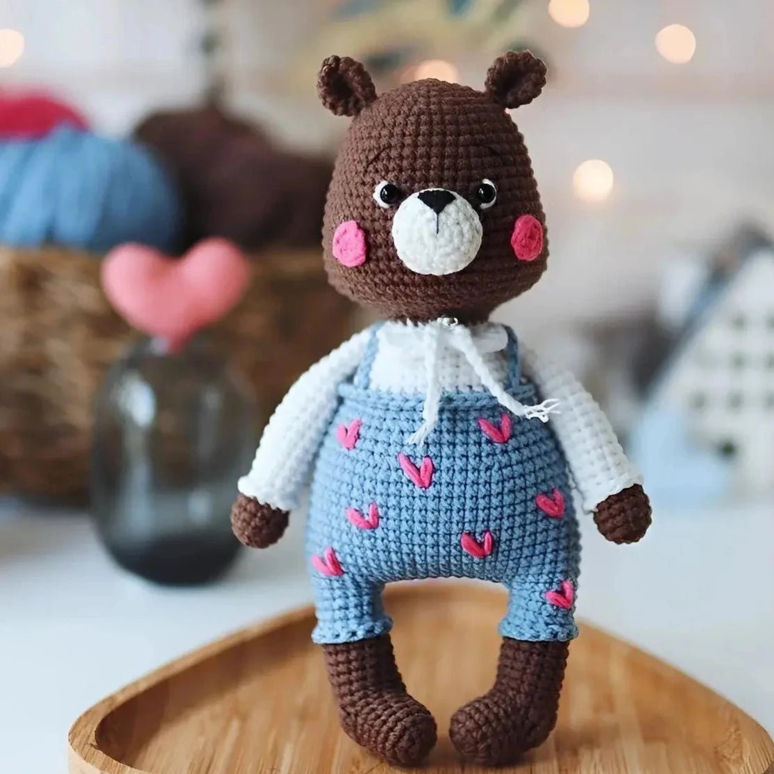 Crochet Teddy Bear - Blue Jumpsuit with Hearts - Adorable Gift for Kids - Handcrafted with Love - Joy Gift London