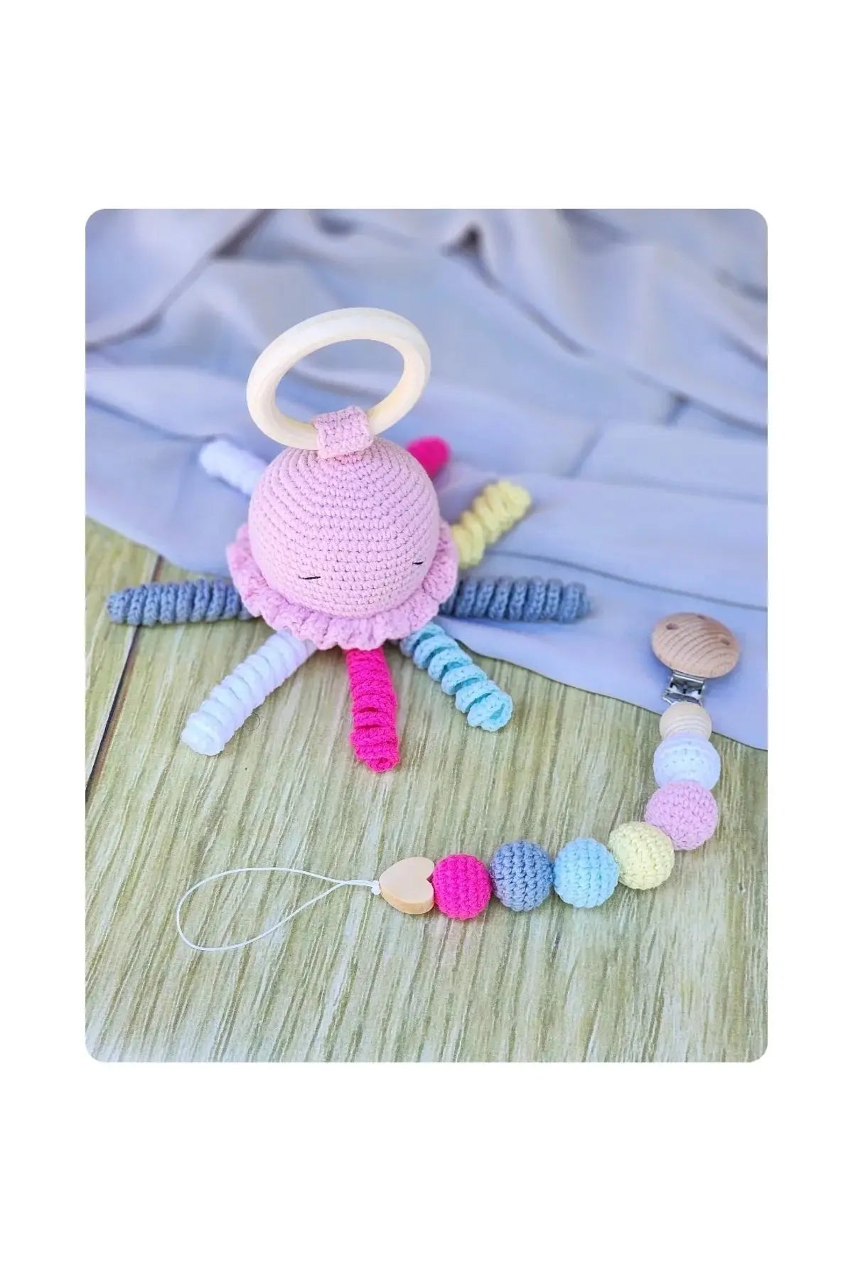 Crochet Cute Jellyfish Rattle and Dummy Clip Gift Set TrendyToy