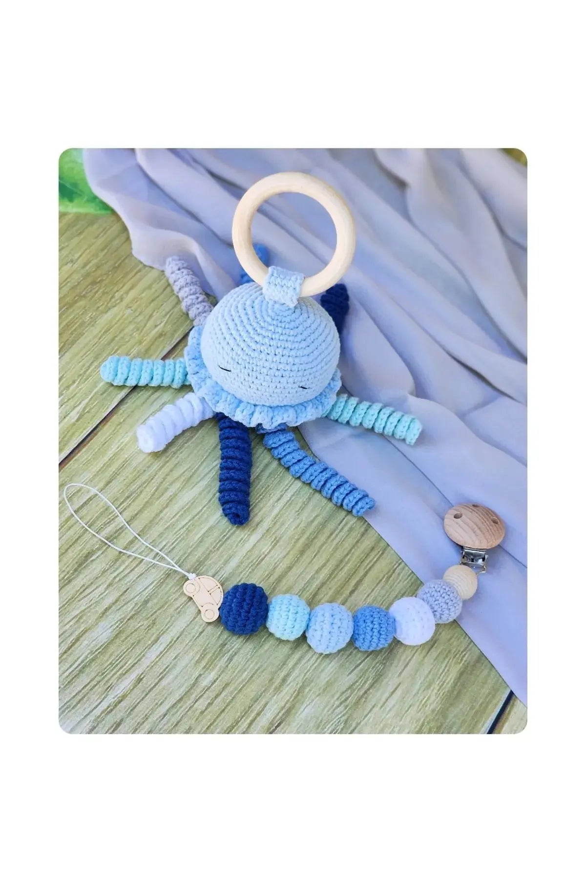 Crochet Cute Jellyfish Rattle and Dummy Clip Gift Set TrendyToy