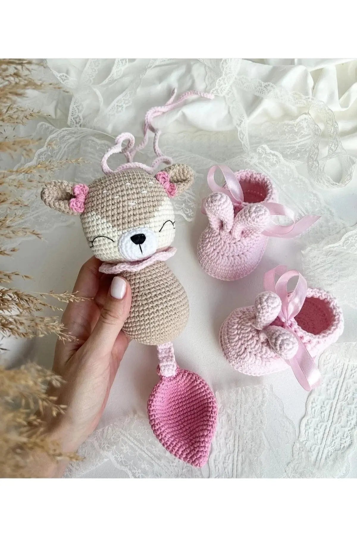 Crochet Newborn Sleeping Deer Toy Gift Set (2 Pieces) - Joy Gift London