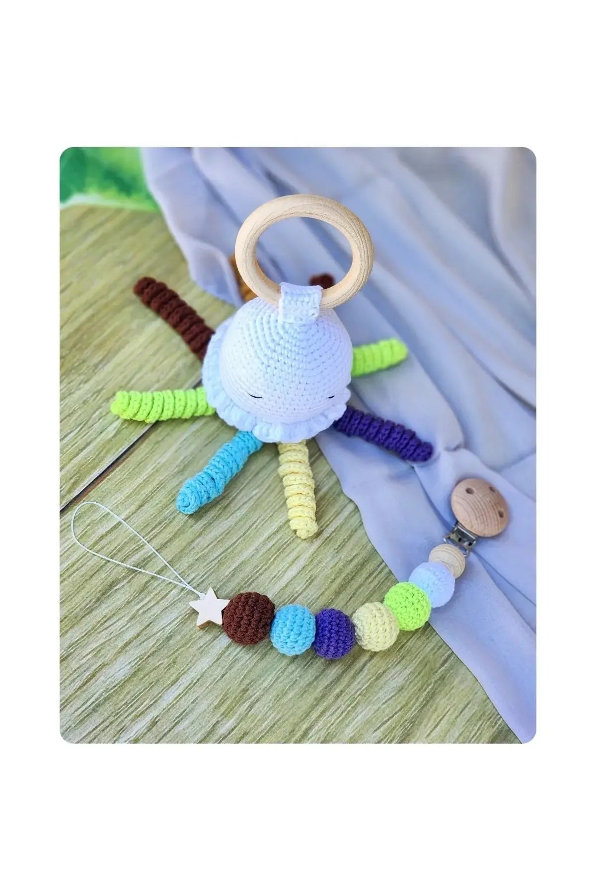 Crochet Cute Jellyfish Rattle and Dummy Clip Gift Set TrendyToy