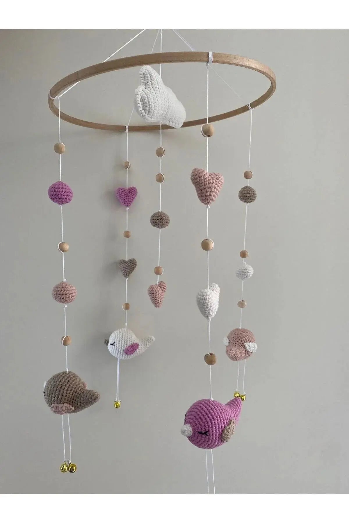 Handmade Wood and Crochet Baby Mobile Birds Bed Bell Toy - Joy Gift London