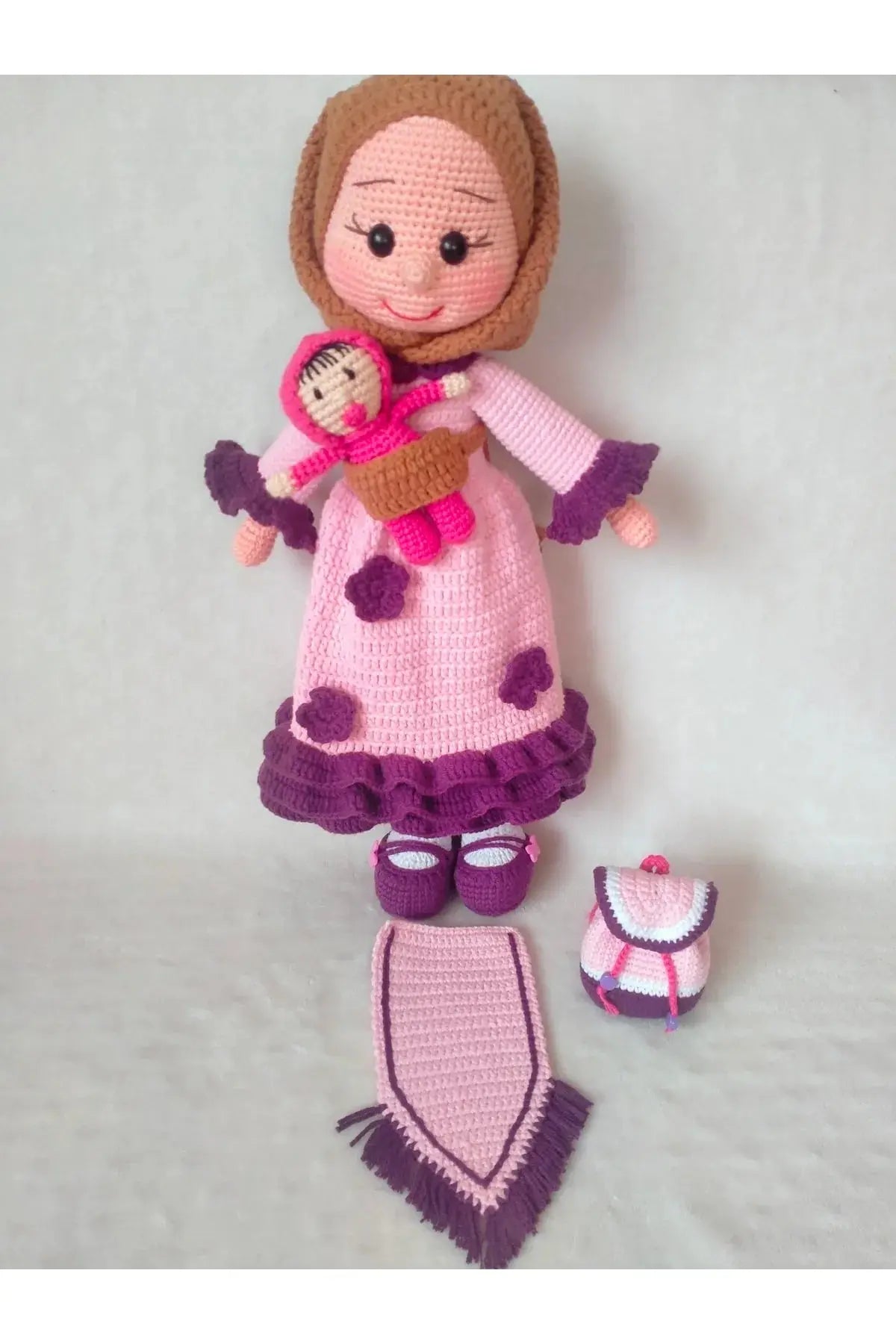 Crochet Mother Hijab Doll with Infant - Pink-Purple Dress with Brown Hijab and Prayer rug TrendyToy