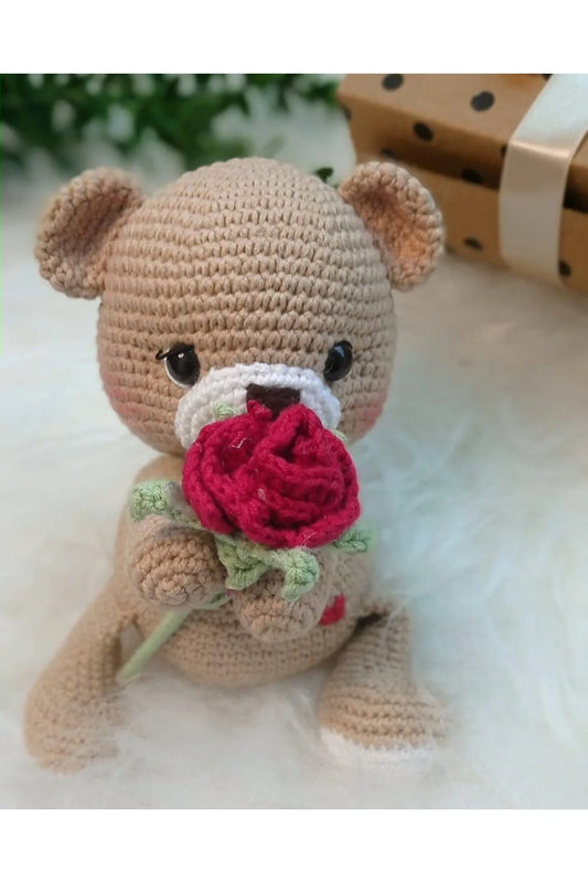 Crochet Romantic Teddy Bear with Rose