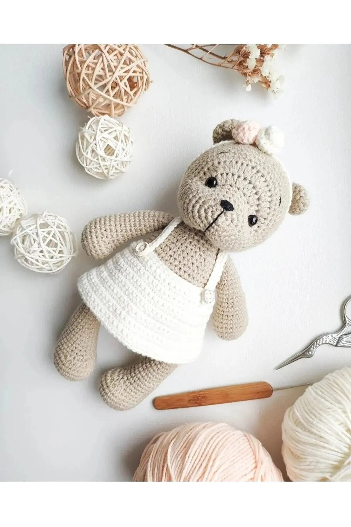 Crochet Teddy Bear with White Dress Toy - Joy Gift London