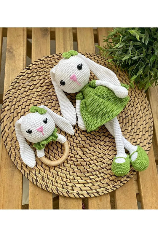 Crochet Green Dress Rabbit and Rattle Toy Set 2pc - Joy Gift London