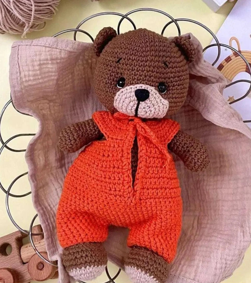 Crochet Cute Teddy Bear with Orange Jumpsuit