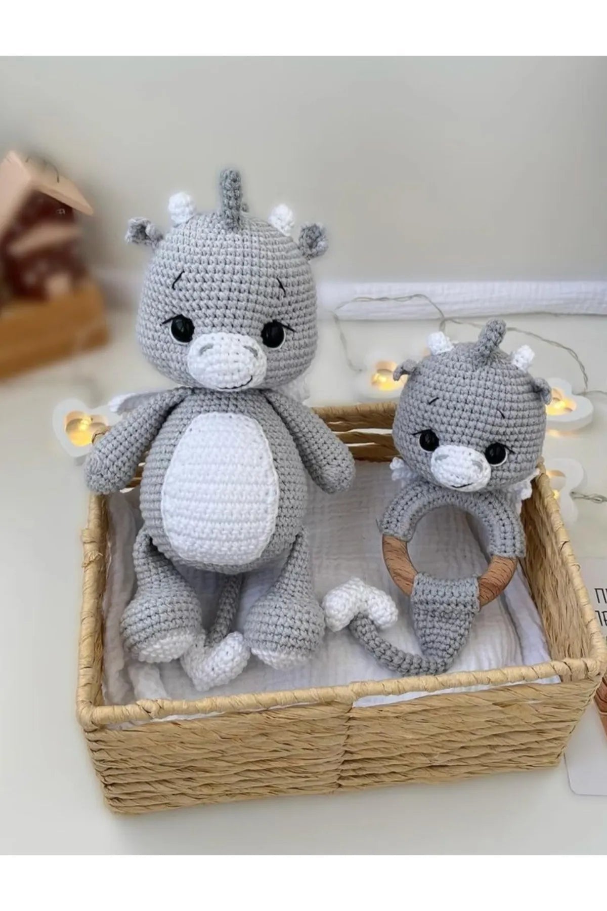 Crochet Cute Grey Dino and Rattle Toy Set 2pc