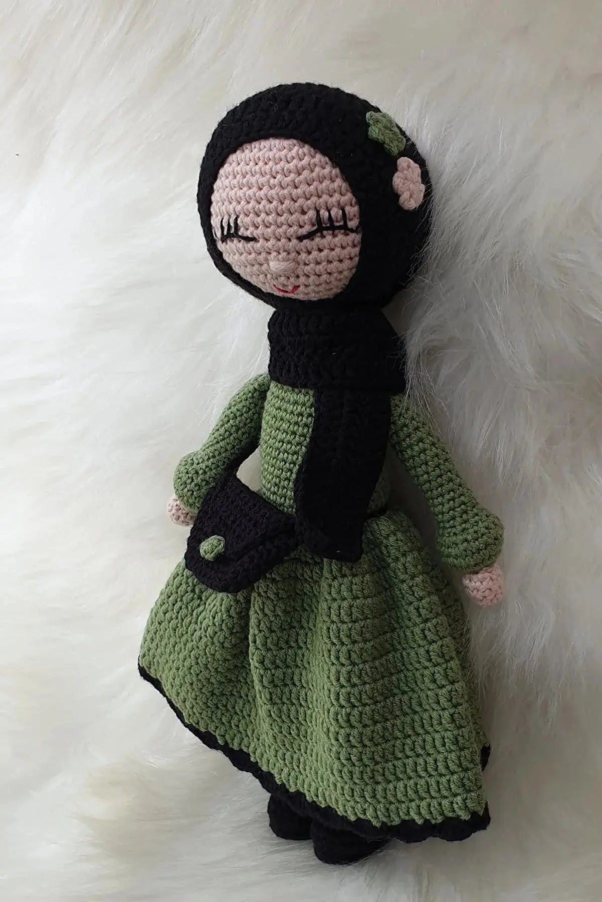 Crochet Hijab Doll with Green Dress and Black Hijab - Joy Gift London