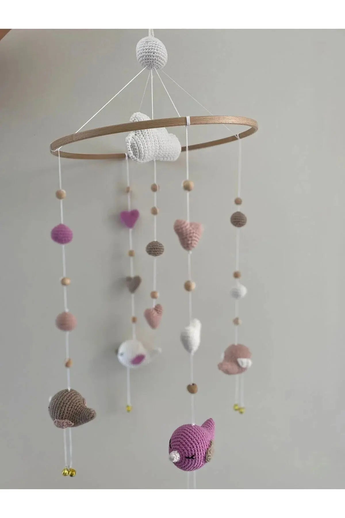 Handmade Wood and Crochet Baby Mobile Birds Bed Bell Toy - Joy Gift London