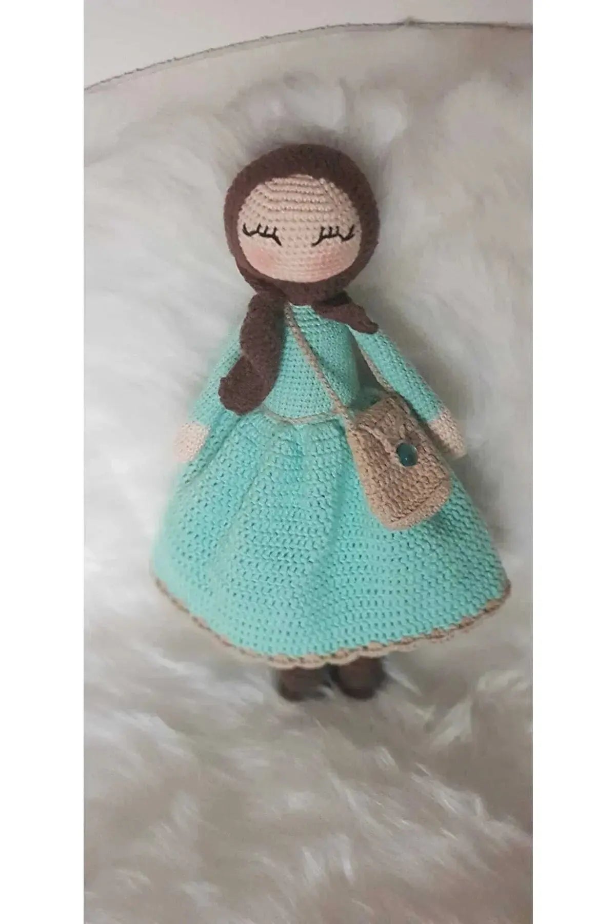 Crochet Hijab Doll with Turquoise Dress and Brown Hijab - Joy Gift London