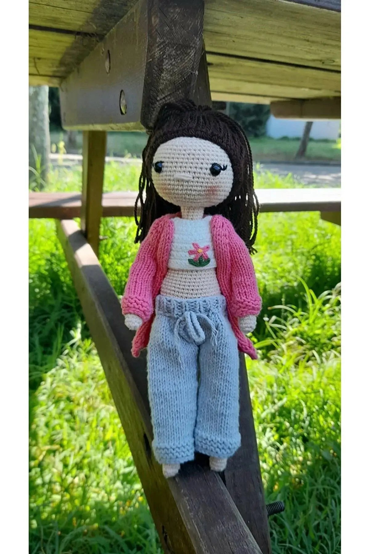 Crochet Little Girl Toy in Gray Trousers and Pink Sweater - Joy Gift London