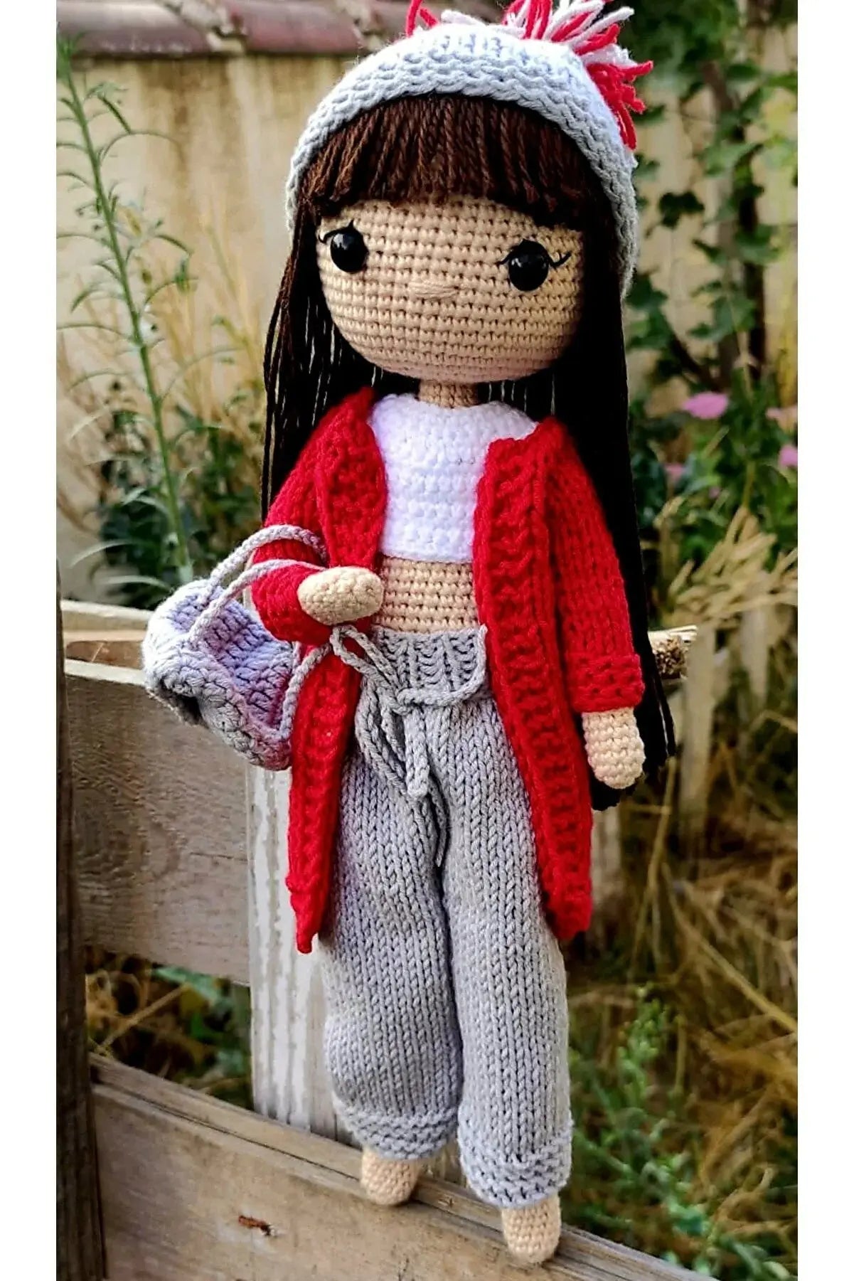 Crochet Little Girl Toy in Gray Trousers and Red Sweater - Joy Gift London