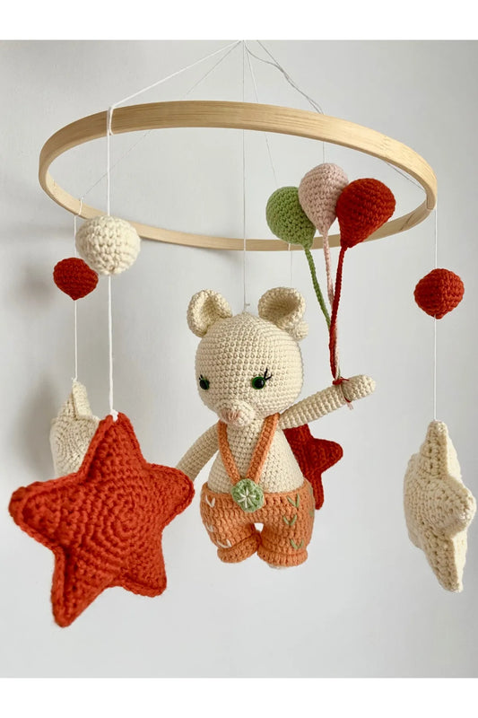 Crochet Teddy Bear with Balloons and Stars Baby Mobile