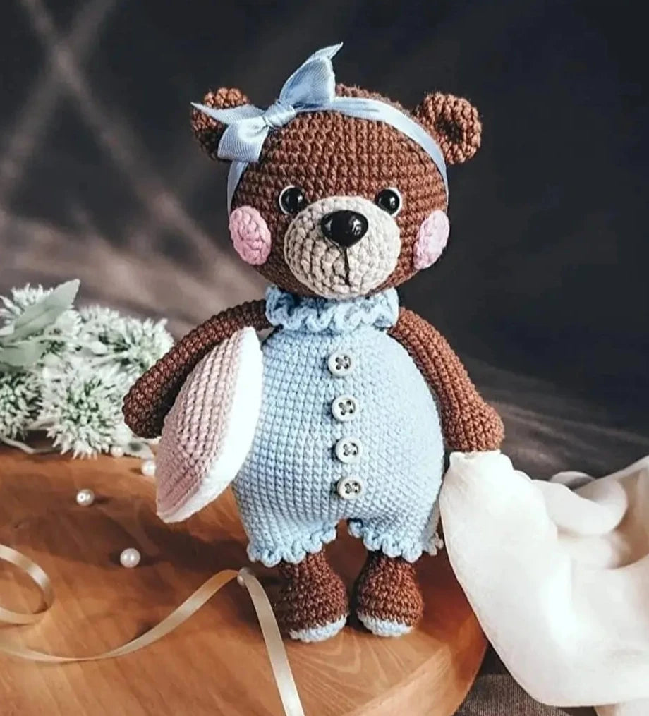 Crochet Blue Jumpsuit Teddy Bear Toy - Joy Gift London