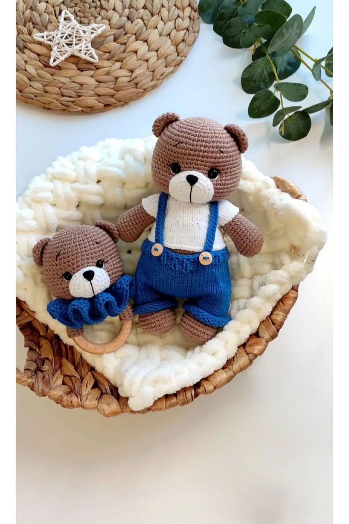 Crochet Toy Set Teddy Bear with Blue Jumpsuit 2pc