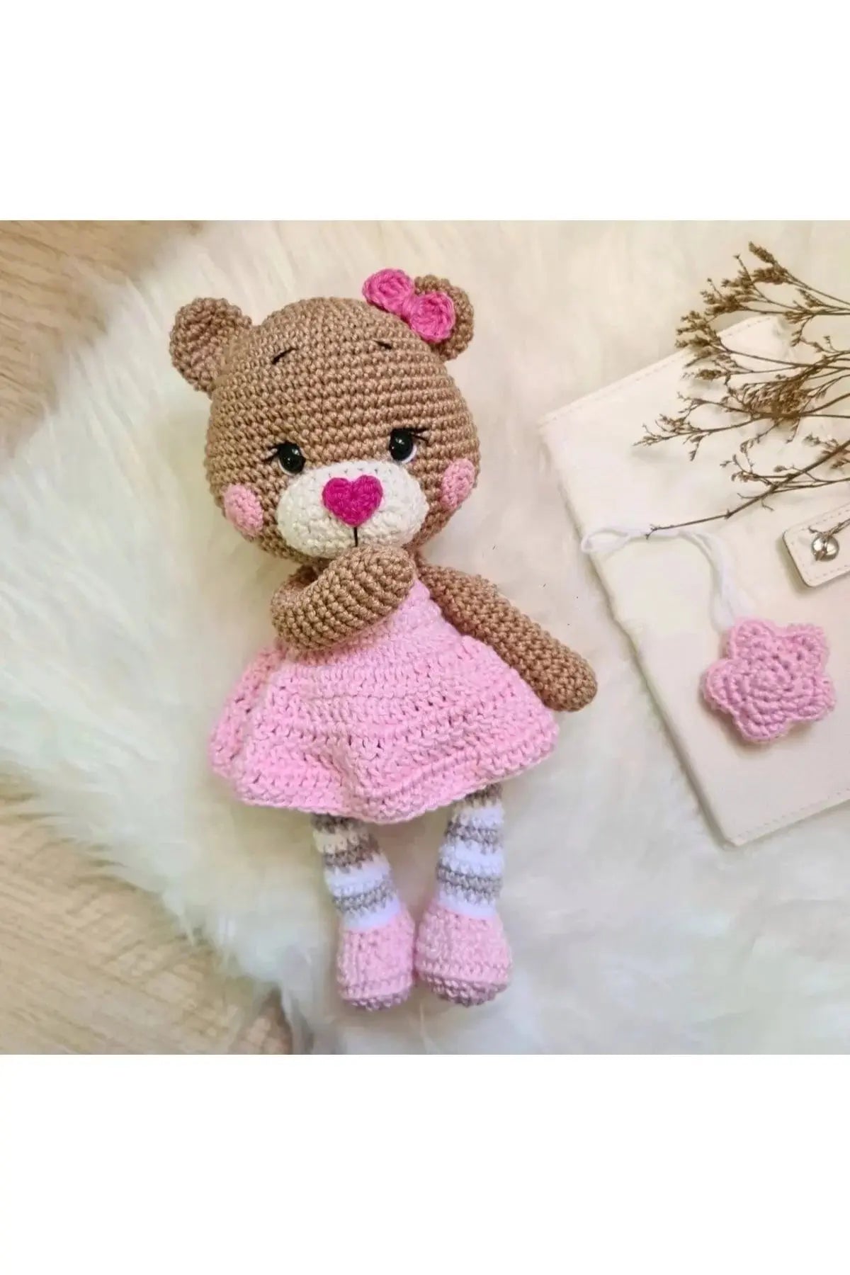 Crochet Teddy Bear with Pink Skirt - Handmade, Adorable Toddler Toy - Joy Gift London