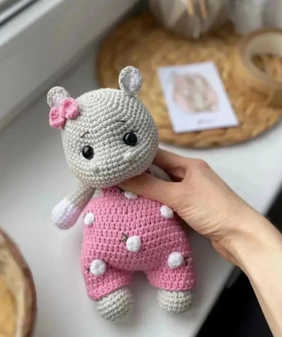 Crochet Hippo Toy - Pink Dress, Handmade, Soft Plush, Adorable Gift - Joy Gift London