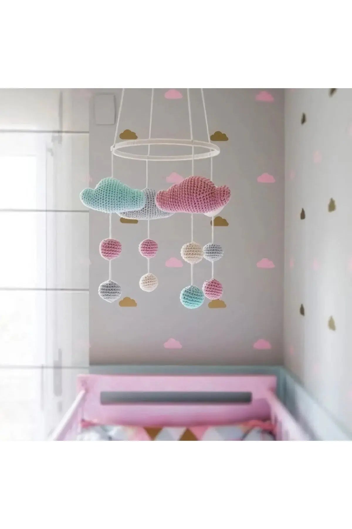 Handmade Crochet Wood Mobile Baby Room Pendant - Clouds Bed Bell Soothing Toy - Joy Gift London