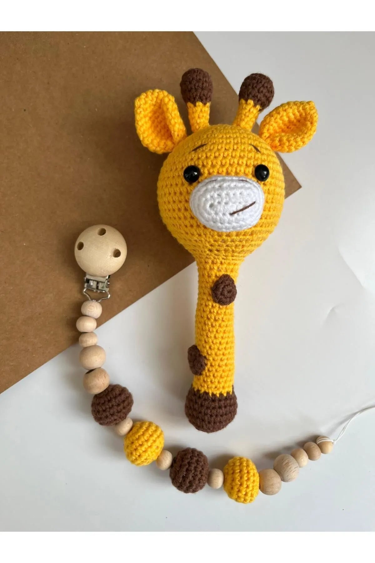 Crochet Yellow Giraffe Rattle Toy and Dummy Clip 2pc