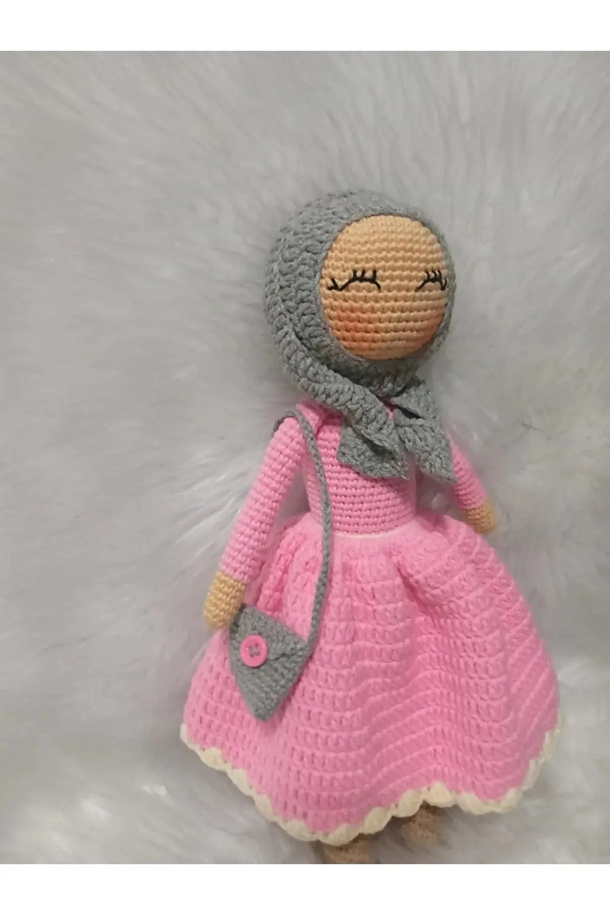 Crochet Hijab Doll with Blue Dress and Gray Hijab - Joy Gift London