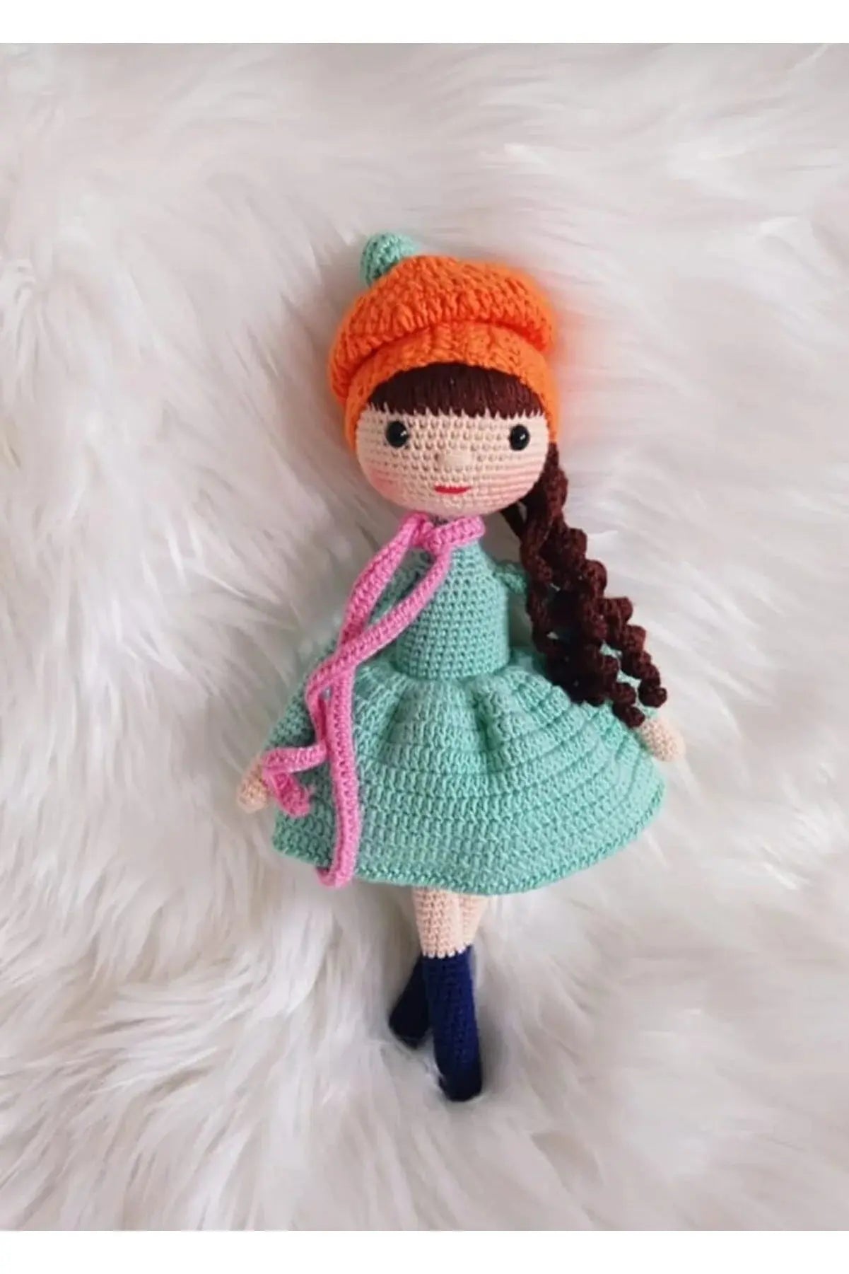 Crochet Cute Girl Doll Toy with Turquoise Dress and Orange hat - Joy Gift London