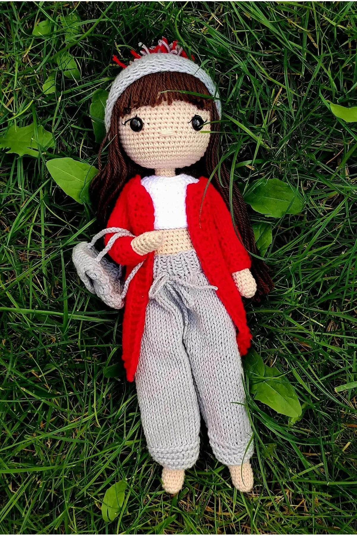 Crochet Little Girl Toy in Gray Trousers and Red Sweater - Joy Gift London