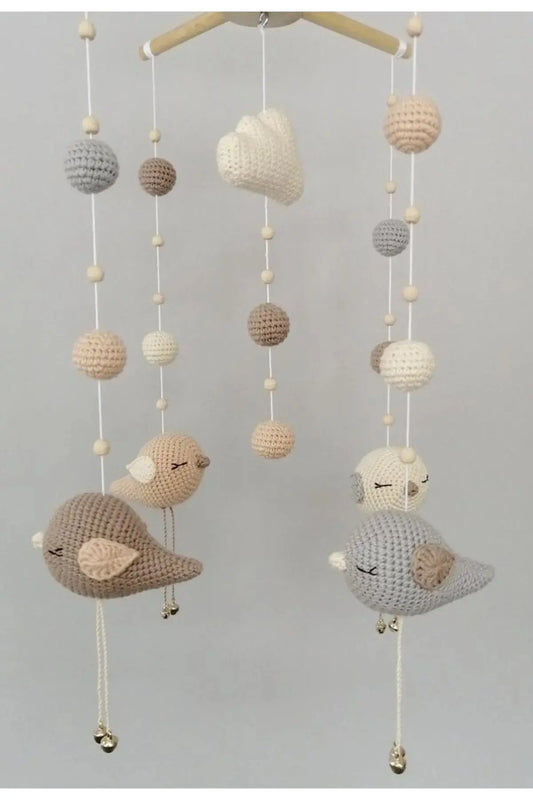 Handmade Wood Mobile Birds Bed Bell - Crochet Baby Room Pendant with Soothing Toy - Joy Gift London