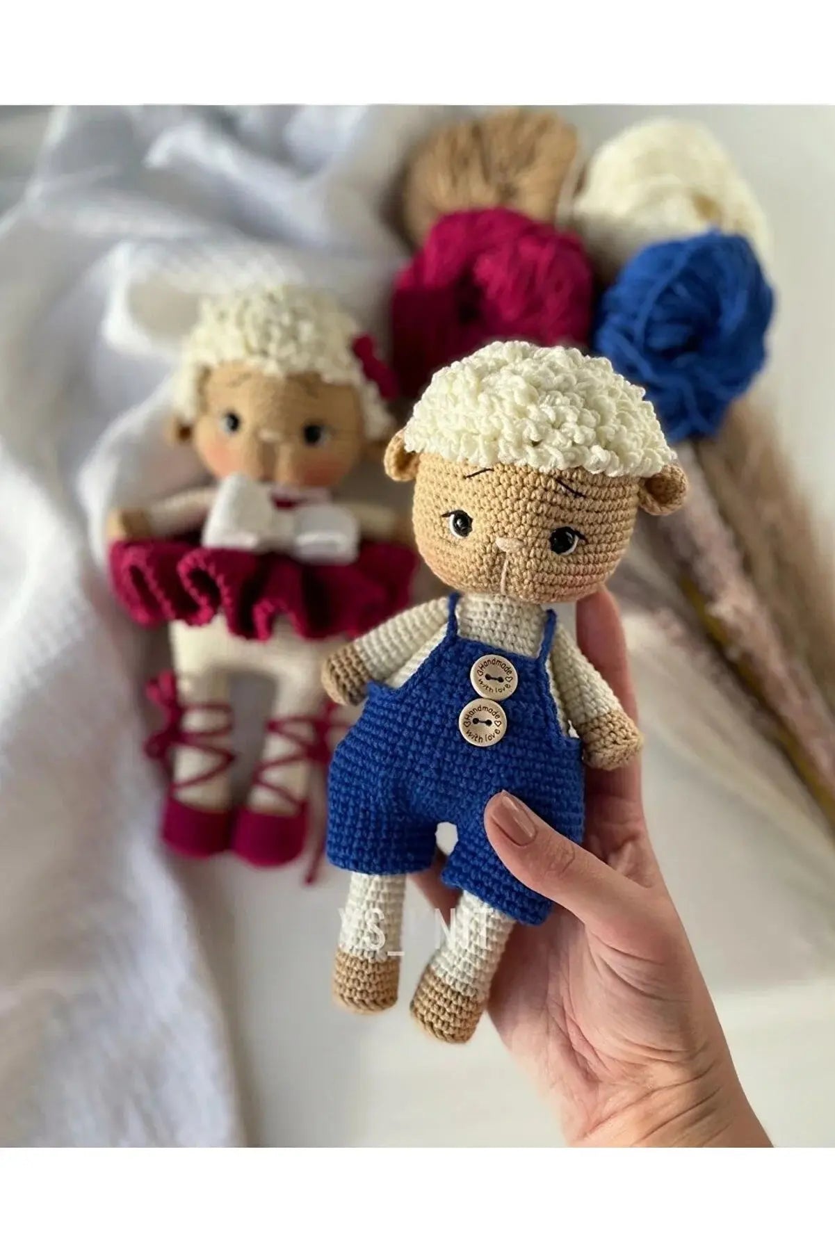 Crochet Cute Sheep Boy in Blue Jumpsuit Toy - Joy Gift London