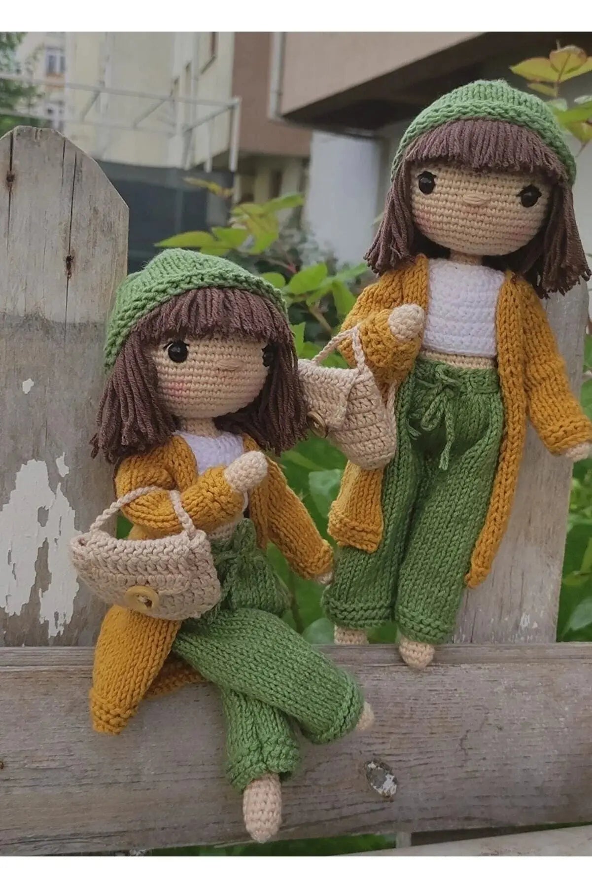 Crochet Little Girl Toy in Green trousers and yellow Sweater - Joy Gift London