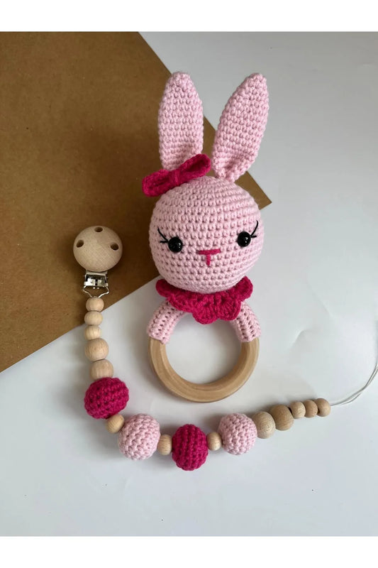 Crochet Pink Rabbit Rattle Toy and Dummy Clip 2pc